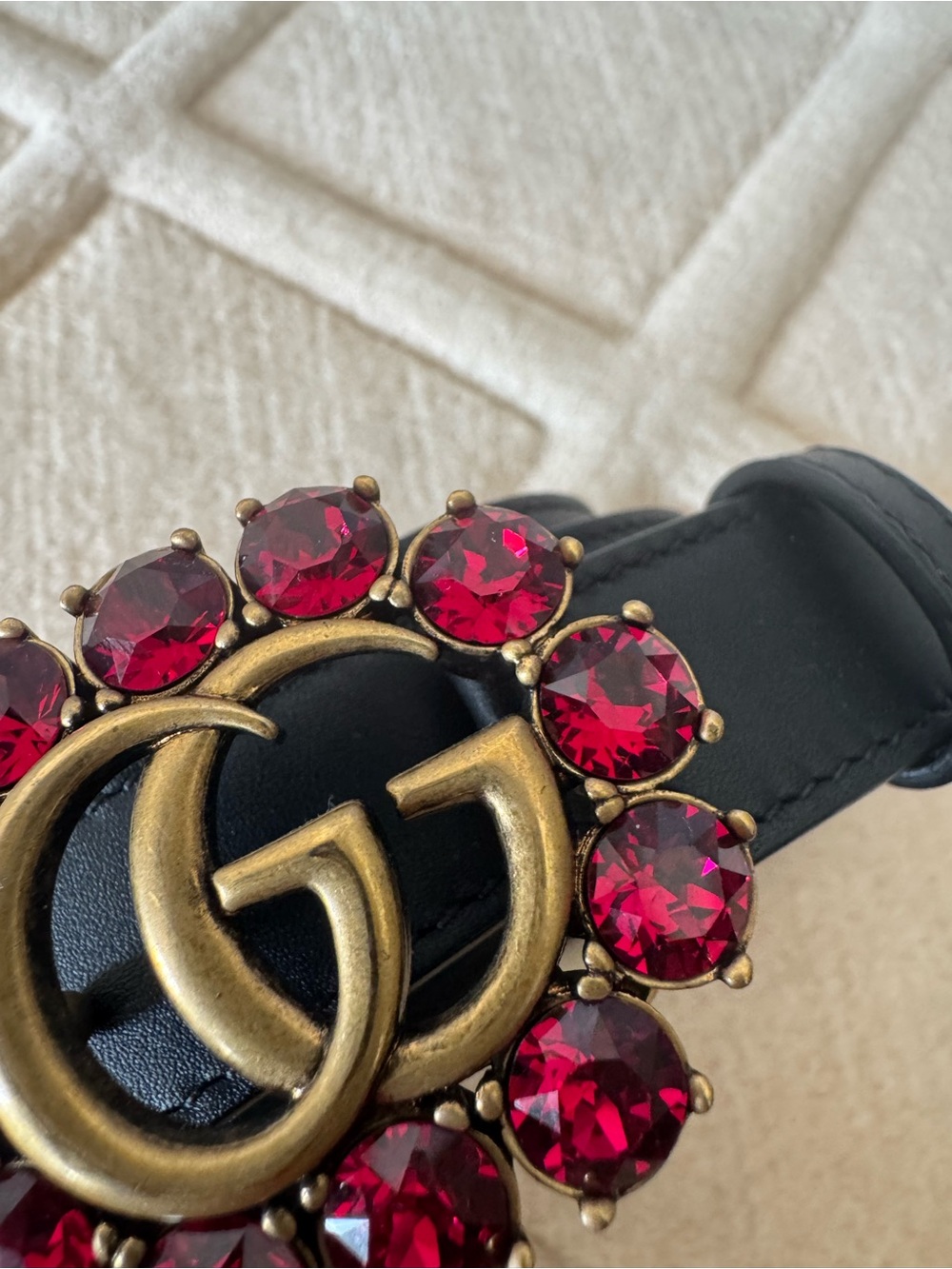 Gucci Black Leather Belt with Red Crystal Double G Buckle